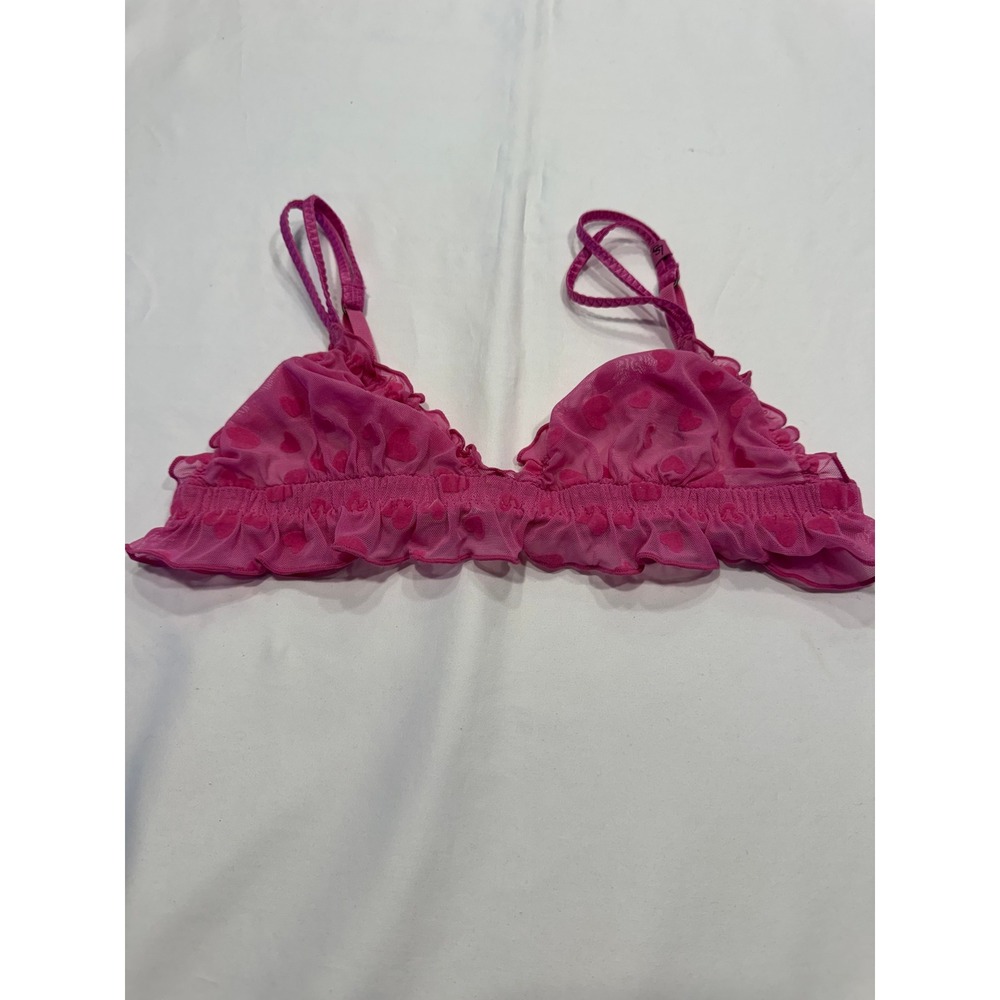 Love Stories Heart Mesh Ruffle Bralette 34A/B Pink Sheer Triangle Bra Excellent